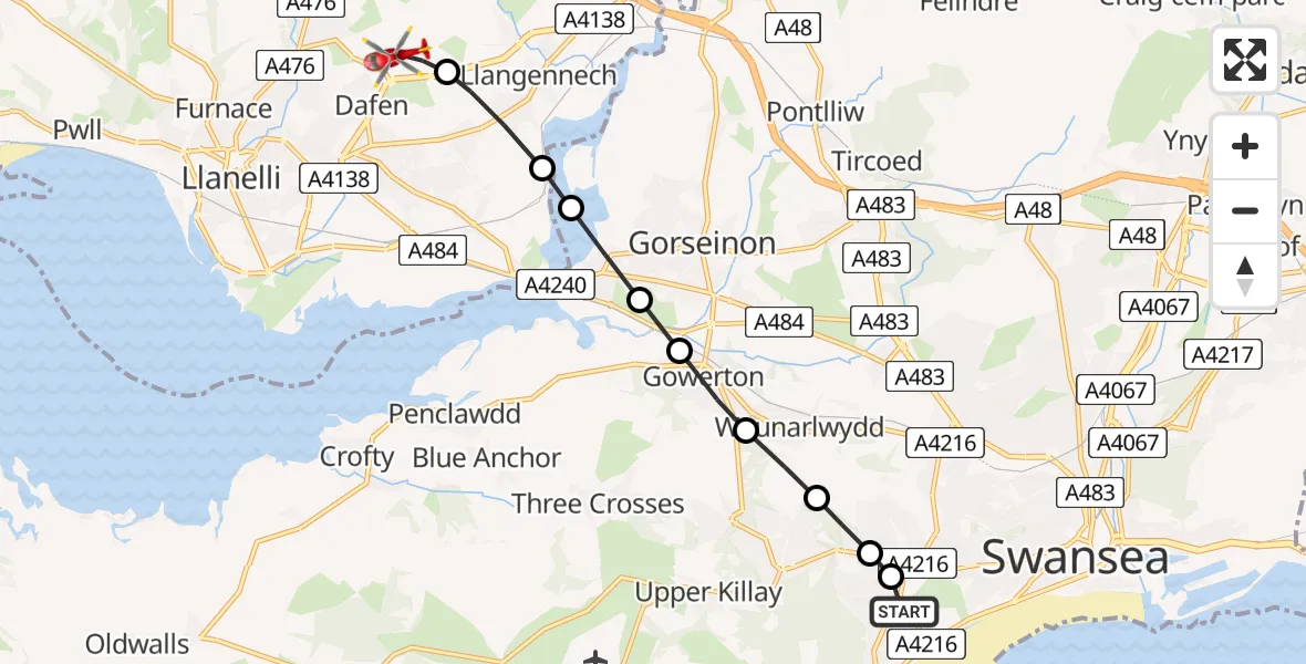 Flight route Air Ambulance Helicopter Singleton - Dafen, 23 May 2026, 14:10