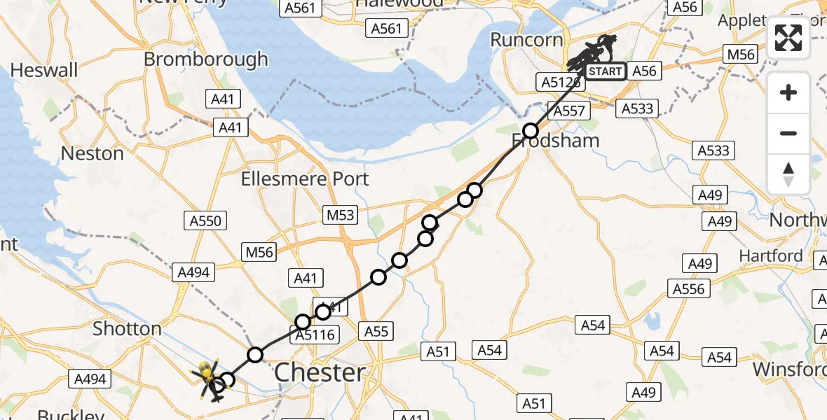 Flight route Police Helicopter Runcorn - Hawarden Airport, 23 May 2026, 14:12