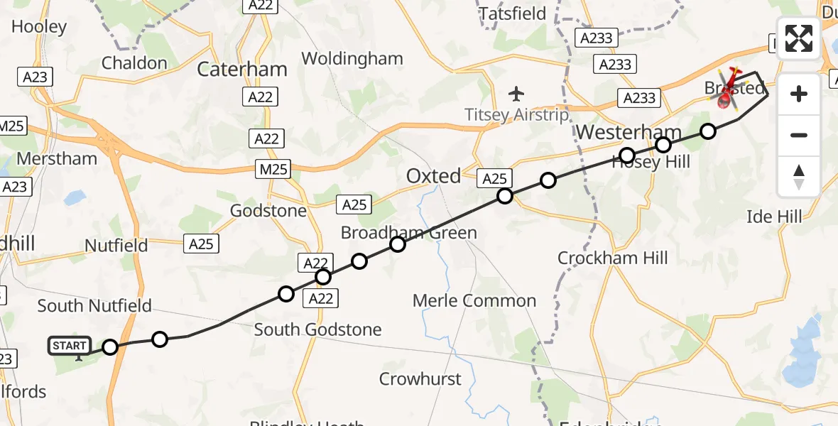 Flight route Air Ambulance Helicopter Redhill Aerodrome - Sevenoaks, 23 May 2026, 14:13