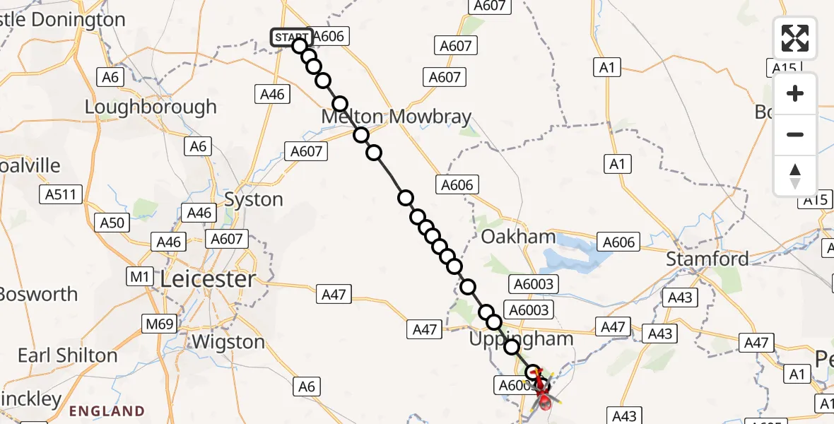 Flight route Air Ambulance Helicopter Rushcliffe - Thorpe by Water, 23 May 2026, 14:31