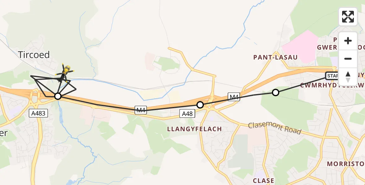 Flight route Police Helicopter Cwmrhydyceirw - Tircoed, 23 May 2026, 14:41