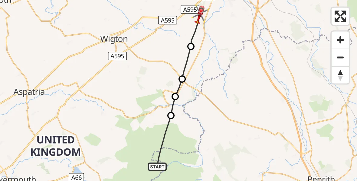Flight route Air Ambulance Helicopter Caldbeck - Dalston, 23 May 2026, 14:41