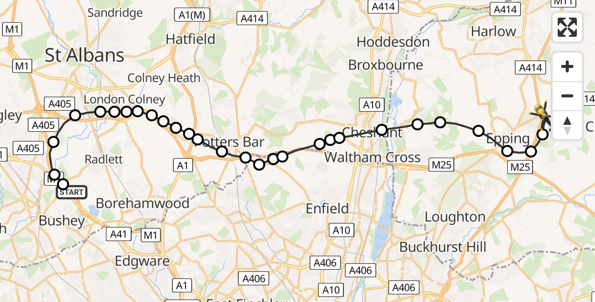Flight route Police Helicopter Aldenham - Coopersale, 23 May 2026, 14:44