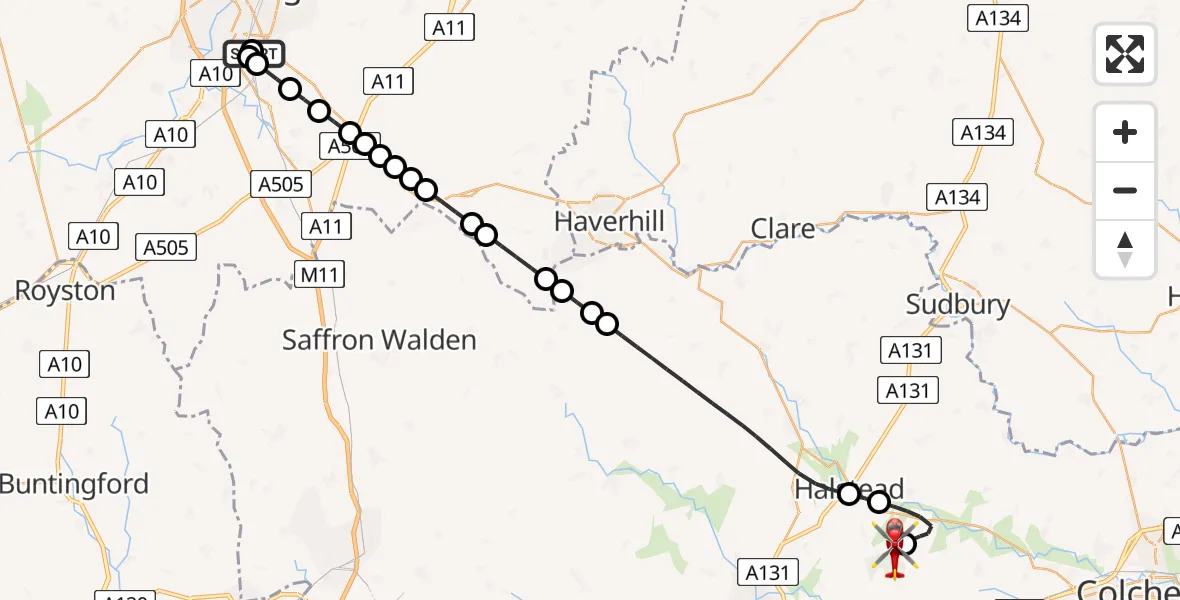Flight route Air Ambulance Helicopter Papworth Hospital - Earls Colne Airfield, 23 May 2026, 15:00