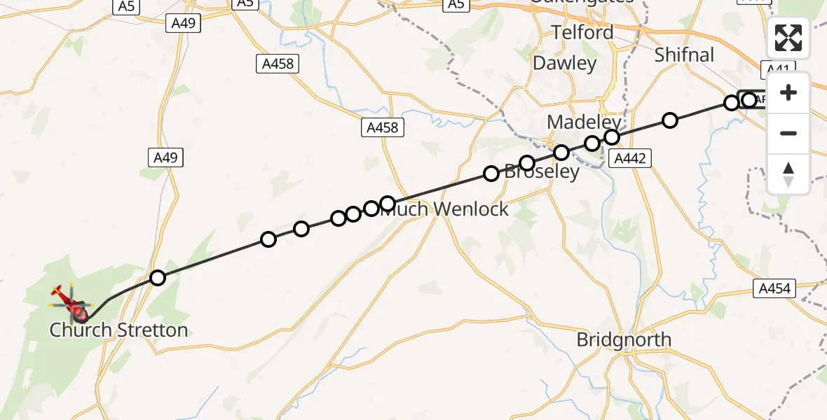 Flight route Air Ambulance Helicopter RAF Cosford - Church Stretton, 23 May 2026, 15:02