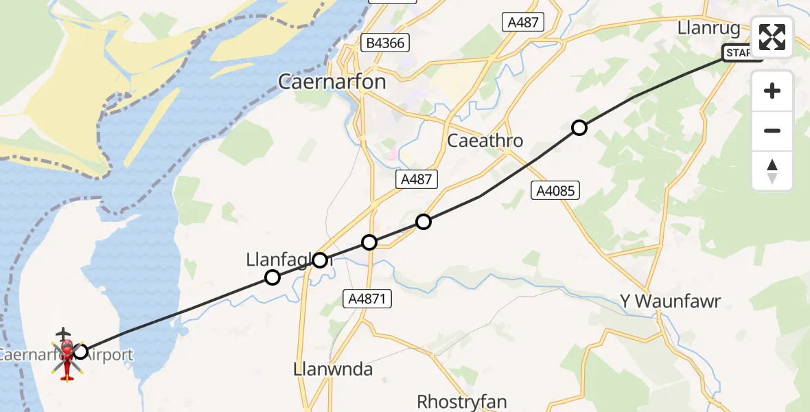 Flight route Air Ambulance Helicopter Llanrug - Caernarfon Airport, 23 May 2026, 15:04