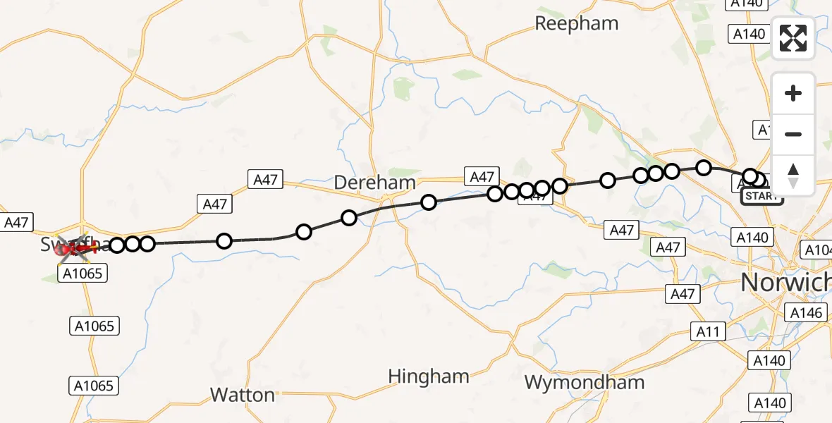 Flight route Air Ambulance Helicopter Norwich Airport - Swaffham, 23 May 2026, 15:04