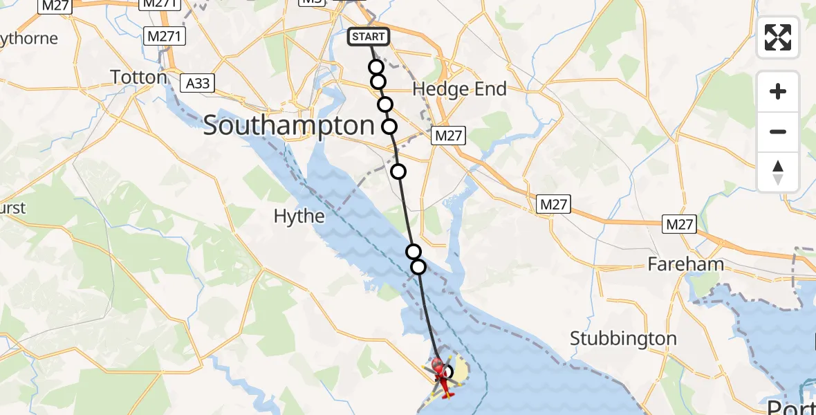 Flight route Air Ambulance Helicopter Chartwell Green - Calshot, 23 May 2026, 15:06