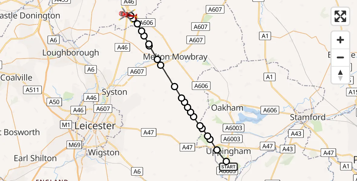Flight route Air Ambulance Helicopter Lyddington - Nottingham Heliport, 23 May 2026, 15:06