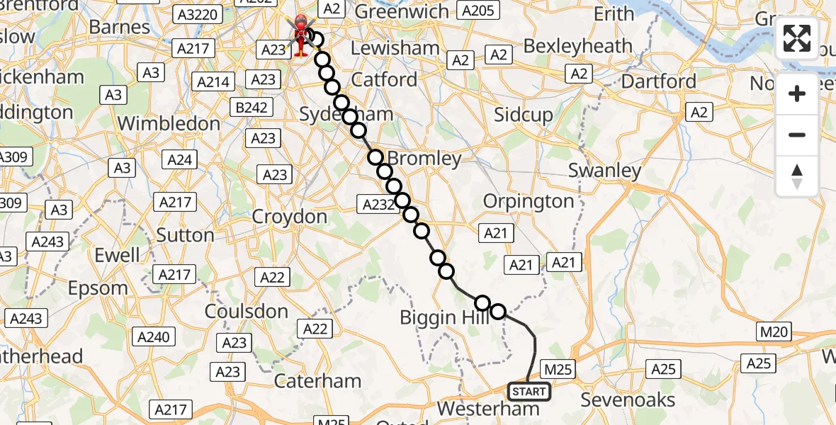 Flight route Air Ambulance Helicopter Sevenoaks - Kings College London Hospital, 23 May 2026, 15:11