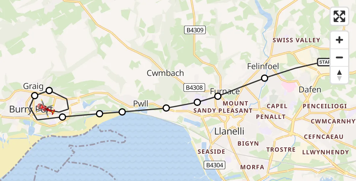 Flight route Air Ambulance Helicopter Dafen - Burry Port, 23 May 2026, 15:17