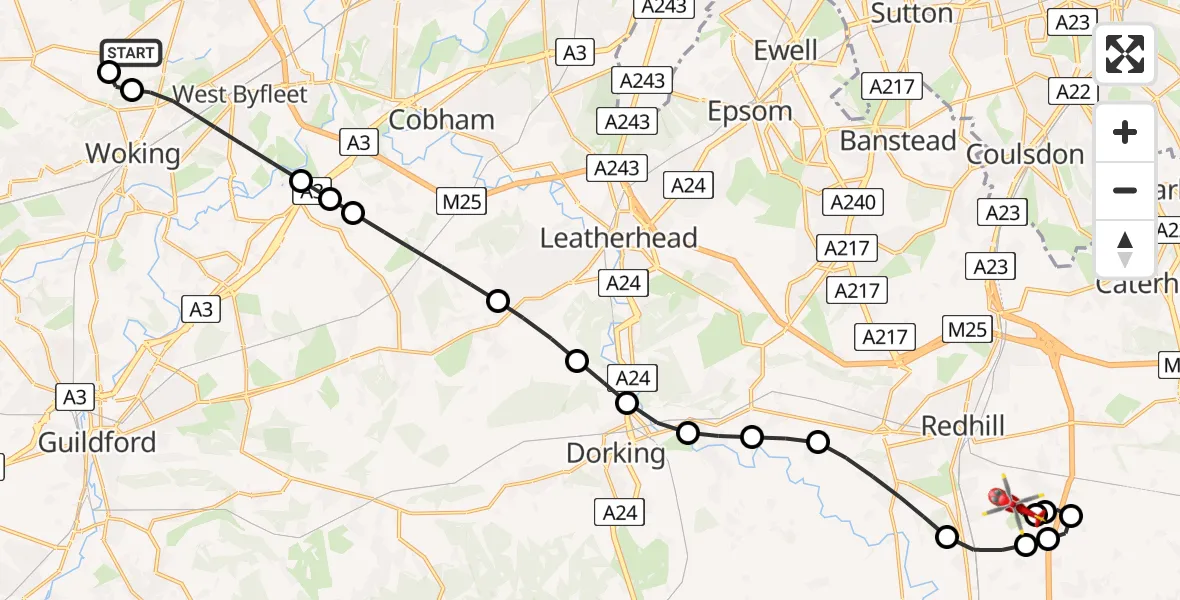 Flight route Air Ambulance Helicopter Fairoaks Airport - Redhill Aerodrome, 23 May 2026, 15:25