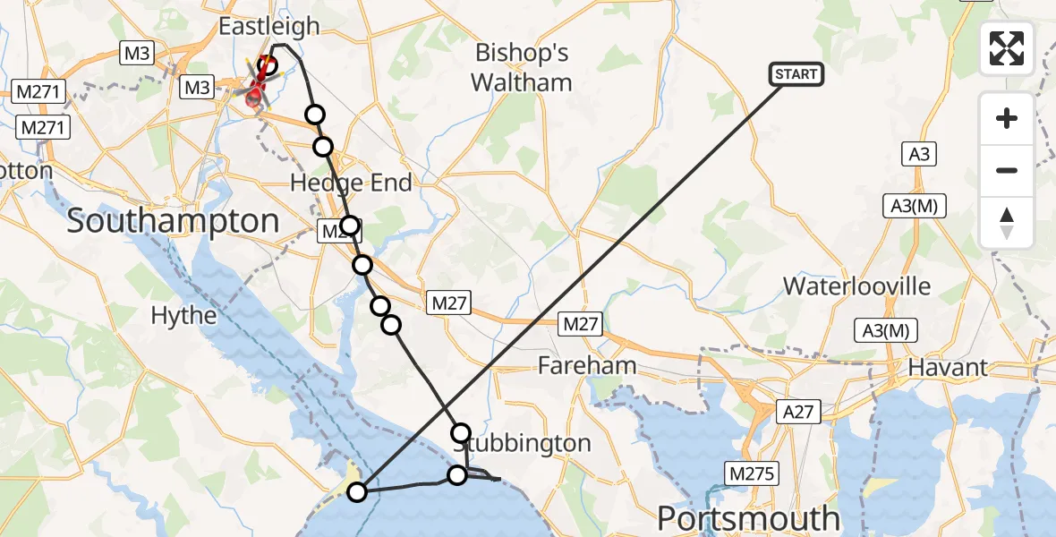 Flight route Air Ambulance Helicopter Hambledon - Southampton Airport, 23 May 2026, 15:37
