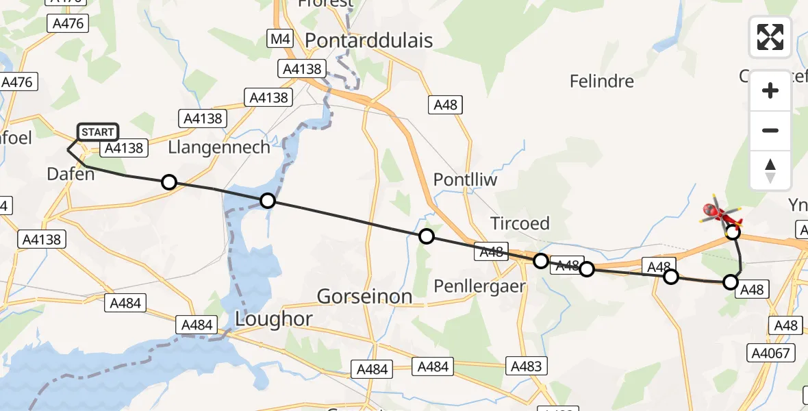 Flight route Air Ambulance Helicopter Dafen - Morriston Hospital Helipad, 23 May 2026, 15:39