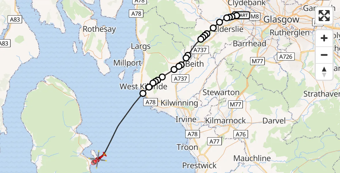 Flight route Air Ambulance Helicopter Glasgow Airport - Inner Seas, 23 May 2026, 15:41