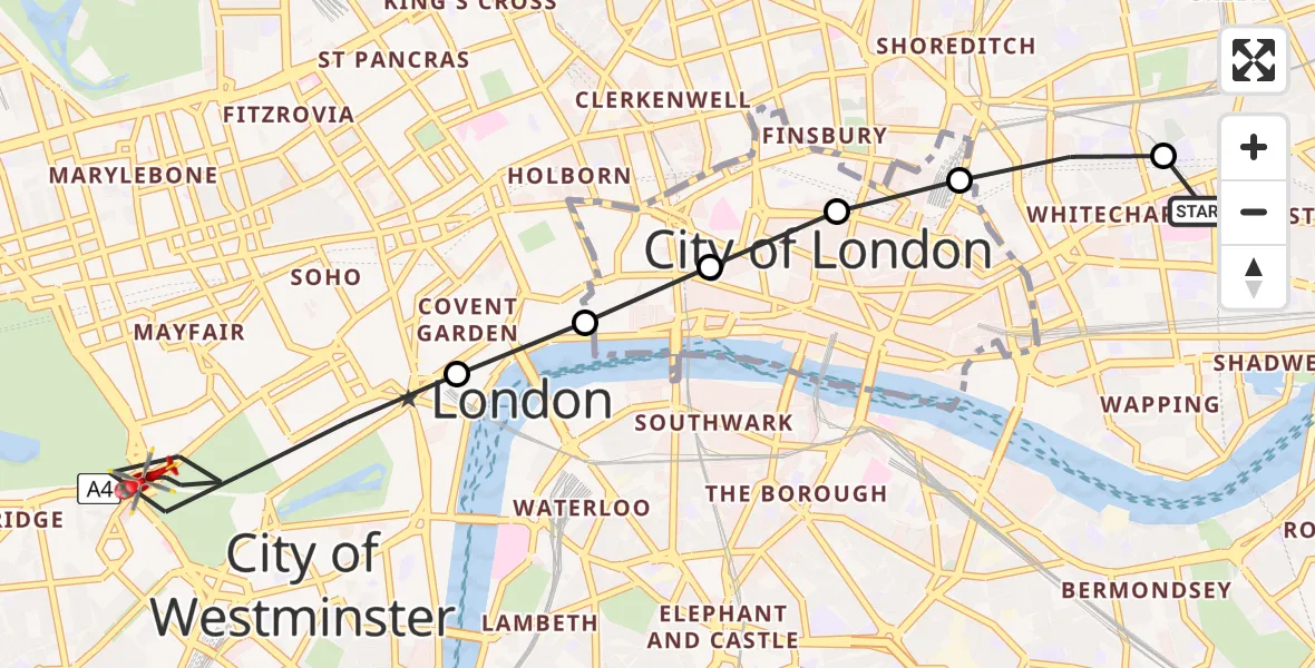 Flight route Air Ambulance Helicopter Royal London Hospital - City of Westminster, 23 May 2026, 15:42