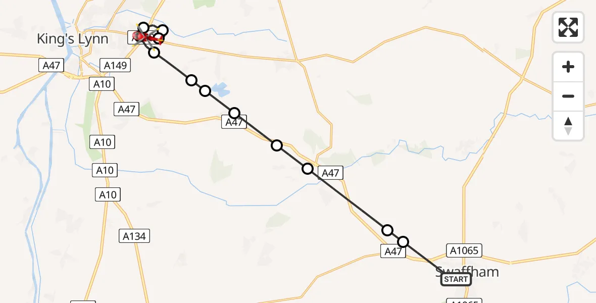 Flight route Air Ambulance Helicopter Swaffham - King's Lynn and West Norfolk, 23 May 2026, 15:47