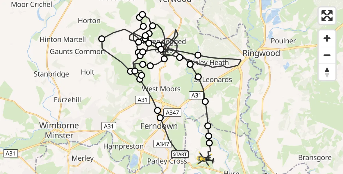 Flight route Police Helicopter Parley Cross - Bournemouth Airport, 23 May 2026, 15:53