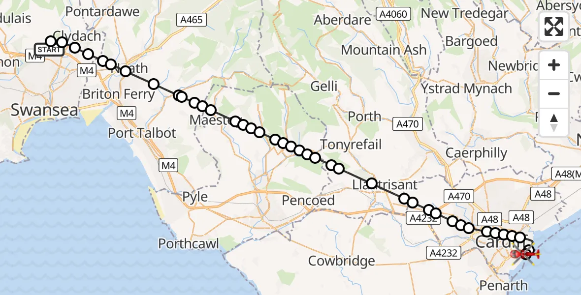 Flight route Air Ambulance Helicopter Morriston Hospital Helipad - Cardiff Heliport, 23 May 2026, 16:00