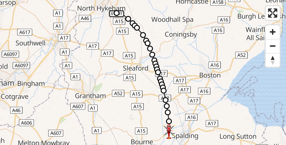 Flight route Air Ambulance Helicopter RAF Waddington - Pinchbeck CP, 23 May 2026, 16:00