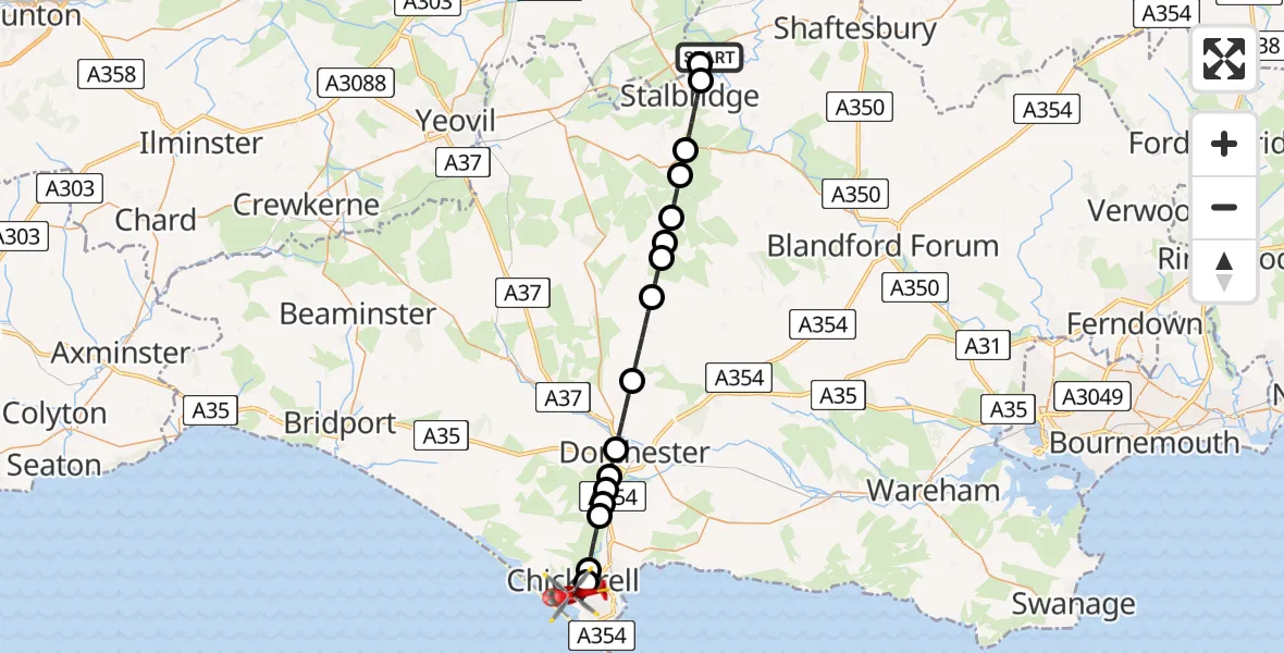 Flight route Air Ambulance Helicopter Henstridge Airfield - Weymouth, 23 May 2026, 16:00
