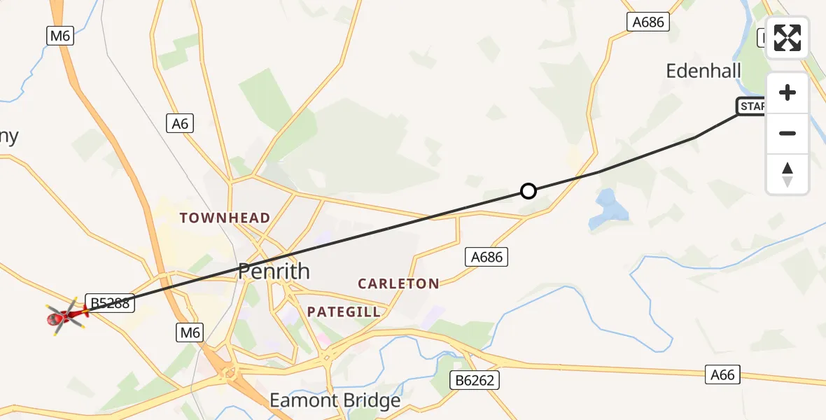 Flight route Air Ambulance Helicopter Edenhall - Penrith, 23 May 2026, 16:04