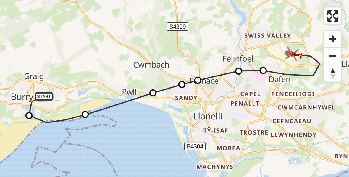 Flight route Air Ambulance Helicopter Burry Port - Dafen, 23 May 2026, 16:07