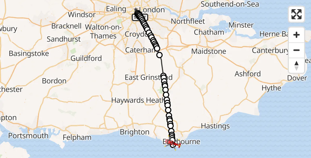 Flight route Air Ambulance Helicopter Kings College London Hospital - East Dean, 23 May 2026, 16:16