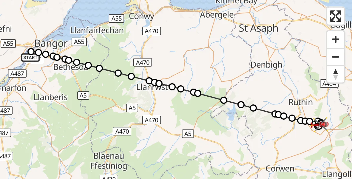 Flight route Air Ambulance Helicopter Aber Pwll - Pentrecelyn, 23 May 2026, 16:18