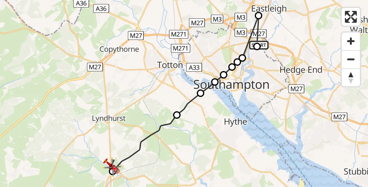 Flight route Air Ambulance Helicopter Mansbridge - Brockenhurst, 23 May 2026, 16:19