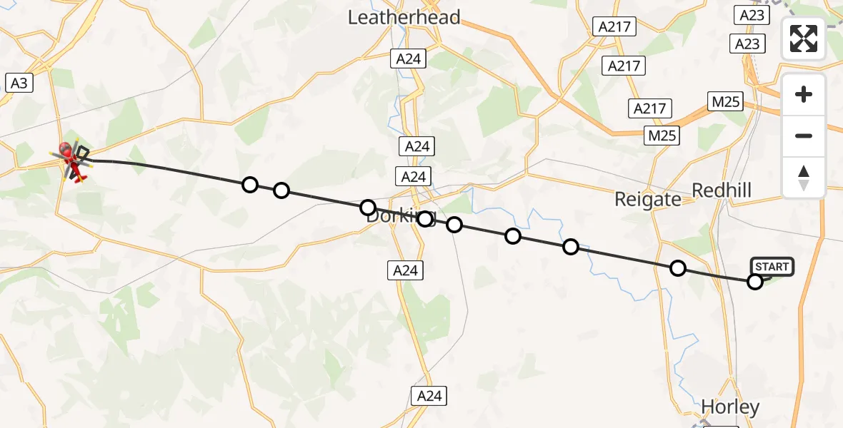 Flight route Air Ambulance Helicopter Redhill Aerodrome - Guildford, 23 May 2026, 16:23