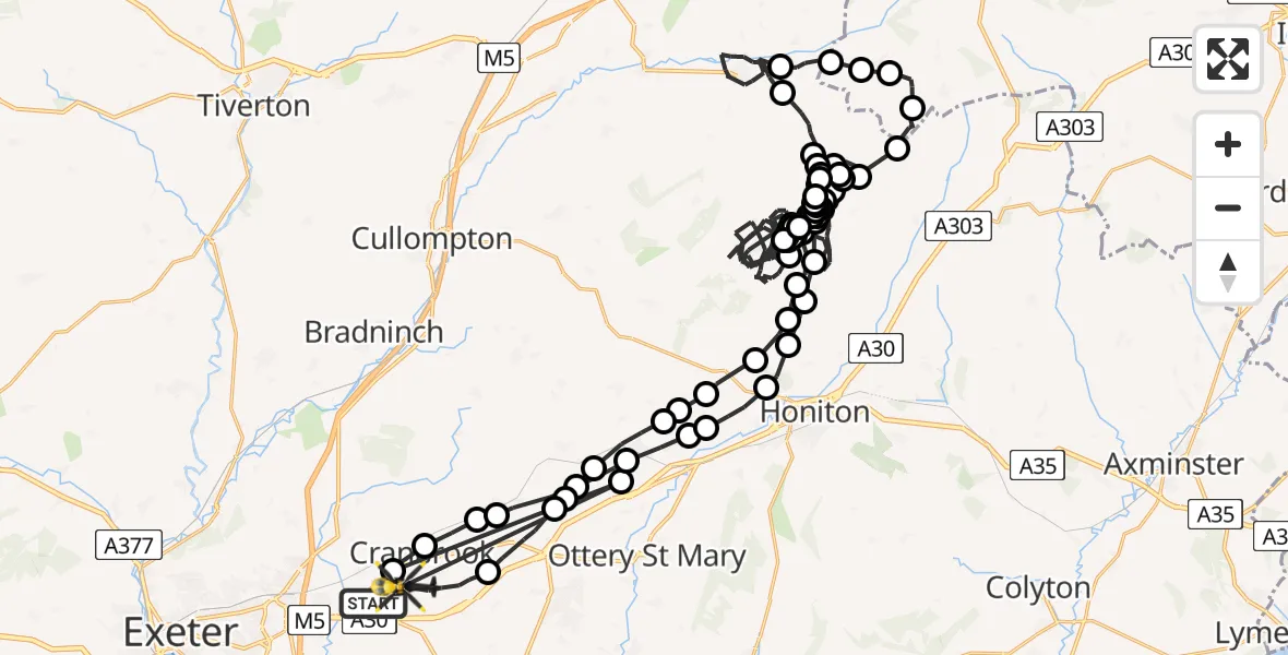 Flight route Police Helicopter Exeter International Airport - Rockbeare, 23 May 2026, 16:26