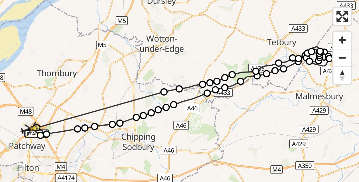 Flight route Police Helicopter Patchway - Woodlands, 23 May 2026, 16:31