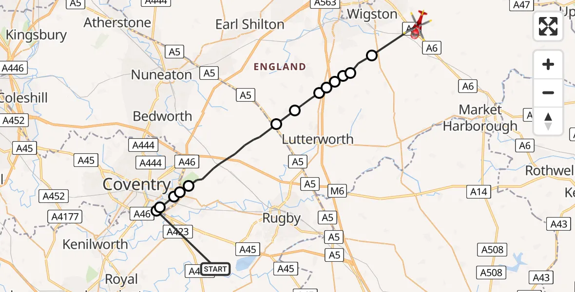 Flight route Air Ambulance Helicopter Rugby - Great Glen, 23 May 2026, 16:36