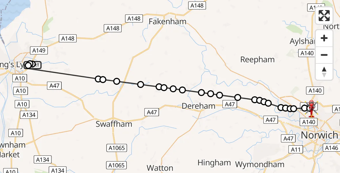 Flight route Air Ambulance Helicopter Queen Elizabeth Hospital - Norwich Airport, 23 May 2026, 16:42