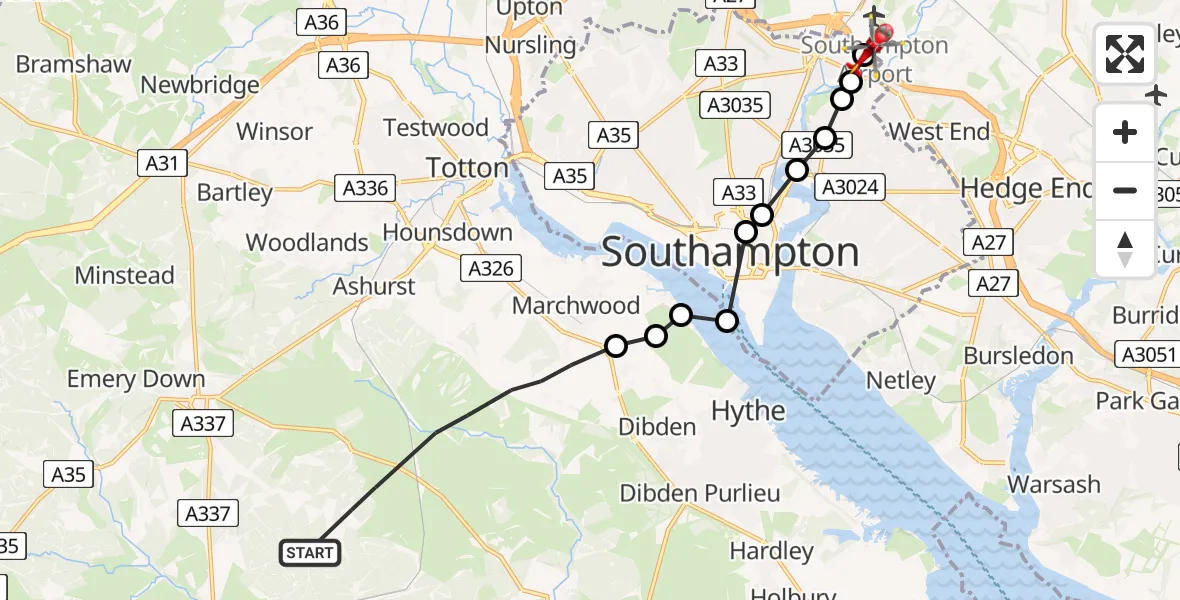 Flight route Air Ambulance Helicopter New Forest - Southampton Airport, 23 May 2026, 16:47