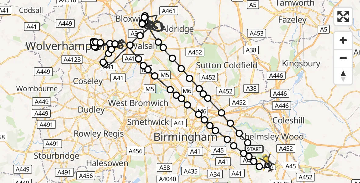 Flight route Police Helicopter Garretts Green - Birmingham Airport, 23 May 2026, 16:47