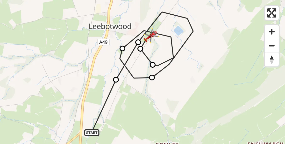 Flight route Air Ambulance Helicopter All Stretton - Leebotwood, 23 May 2026, 16:47