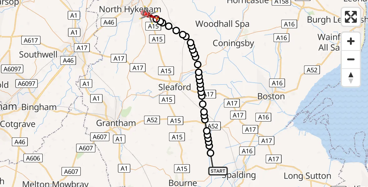 Flight route Air Ambulance Helicopter Pinchbeck CP - North Kesteven, 23 May 2026, 16:48