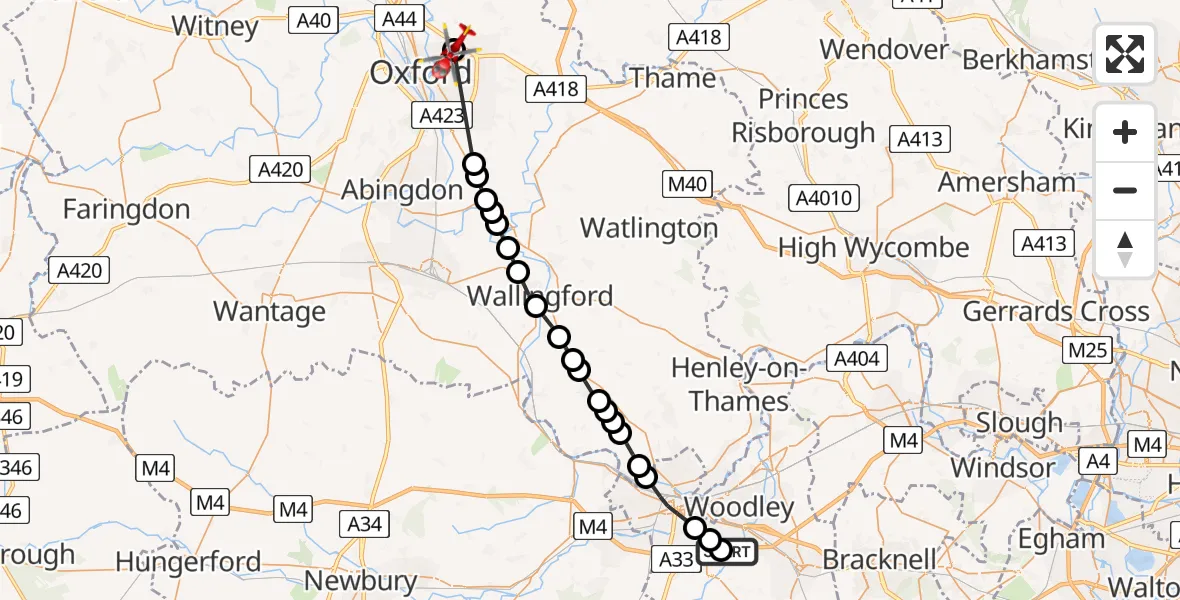 Flight route Air Ambulance Helicopter Reading - Oxford, 23 May 2026, 16:54