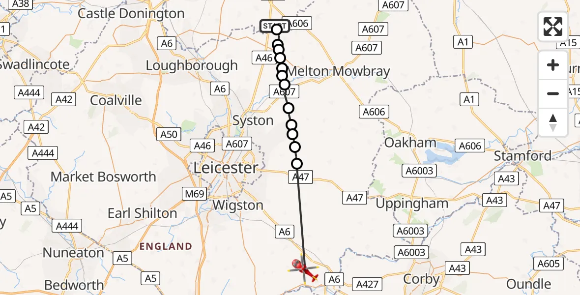 Flight route Air Ambulance Helicopter Rushcliffe - Foxton, 23 May 2026, 16:59