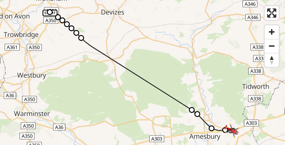 Flight route Air Ambulance Helicopter Wiltshire Air Ambulance - Bulford, 23 May 2026, 17:01