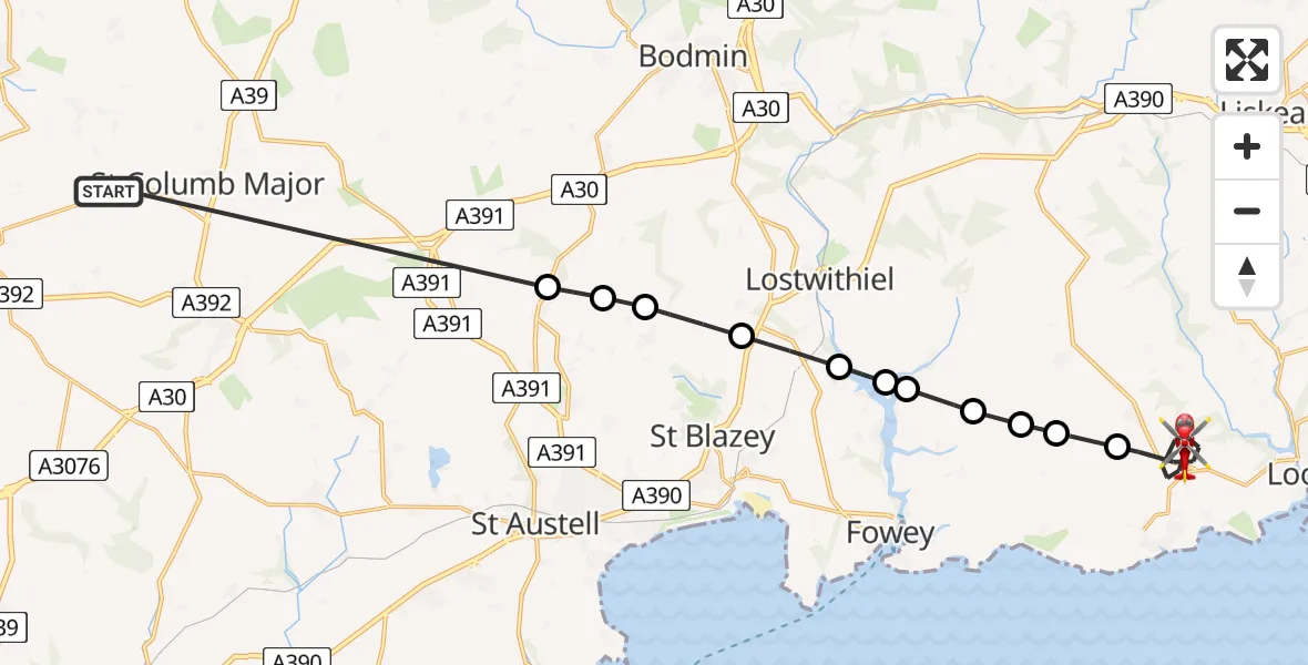 Flight route Air Ambulance Helicopter Cornwall Airport Newquay - Pelynt, 23 May 2026, 17:03