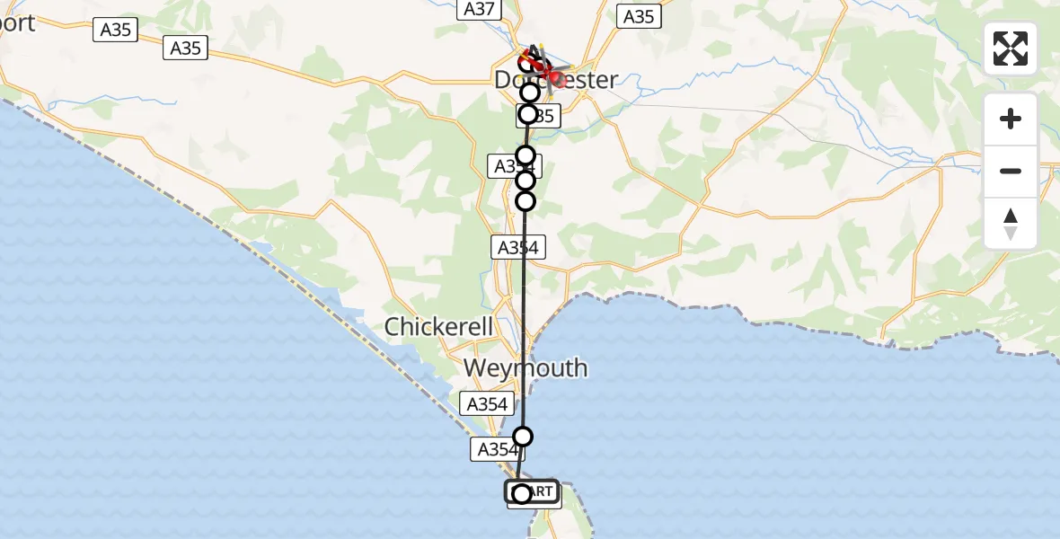 Flight route Air Ambulance Helicopter RNAS Portland Heliport - Dorchester, 23 May 2026, 17:26