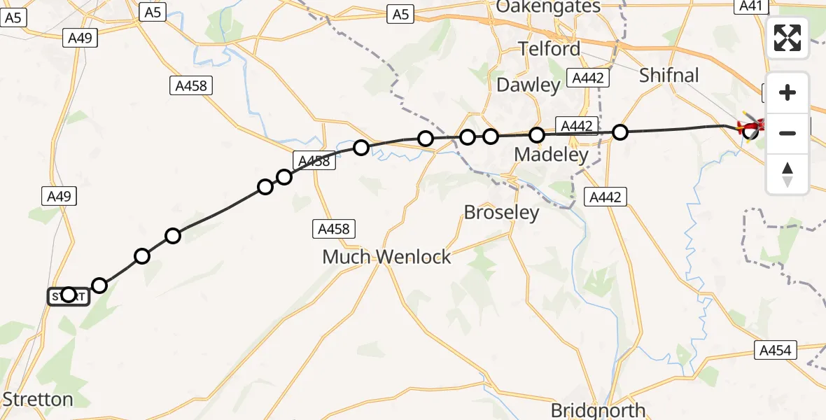 Flight route Air Ambulance Helicopter Leebotwood - Tong, 23 May 2026, 17:26