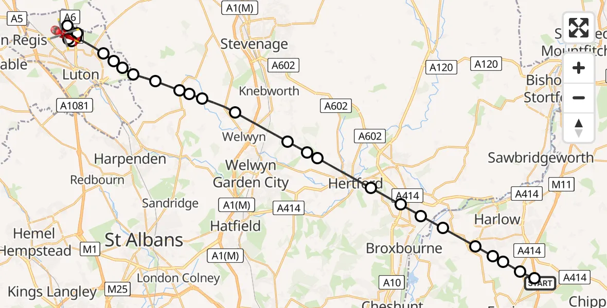 Flight route Air Ambulance Helicopter North Weald Airfield - Biscot, 23 May 2026, 17:26