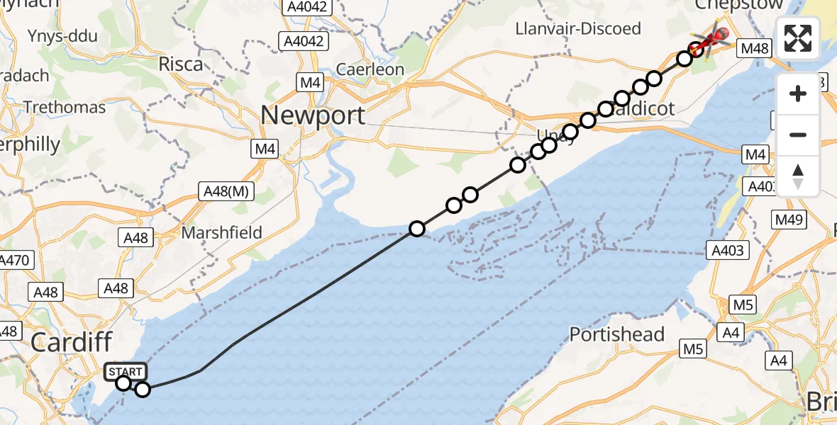 Flight route Air Ambulance Helicopter Cardiff Heliport - Pwllmeyric, 23 May 2026, 17:26