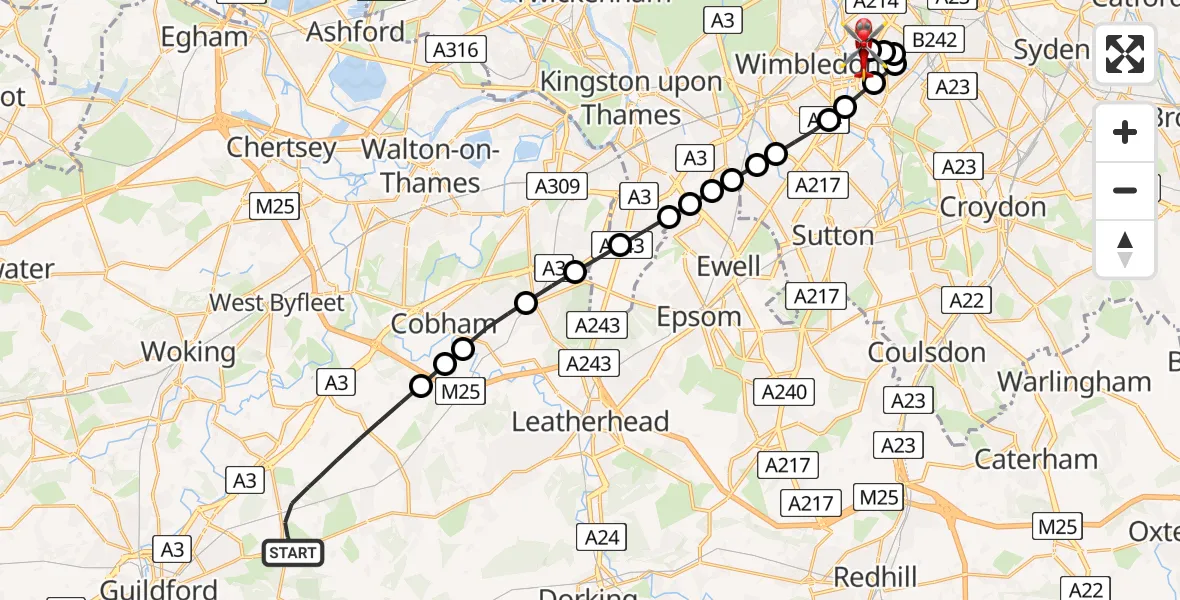 Flight route Air Ambulance Helicopter Guildford - St Georges Hospital, 23 May 2026, 17:28