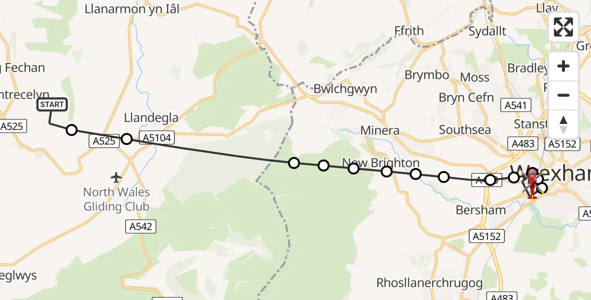 Flight route Air Ambulance Helicopter Pentrecelyn - Felin Puleston, 23 May 2026, 17:30