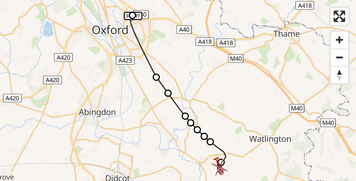 Flight route Air Ambulance Helicopter John Radcliffe Hospital - RAF Benson, 23 May 2026, 17:34